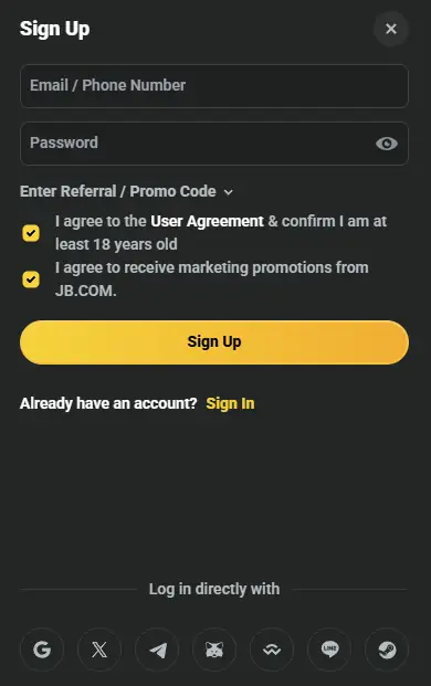 JB Casino account registration